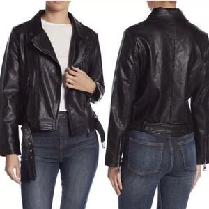 Elodie Black Faux Leather Belted Moto Jacket Medium